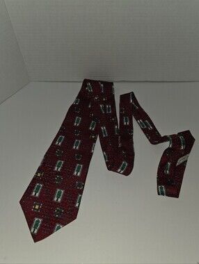 Noel Necktie Evergreen Trees and Geometric Square Pattern Red 100% Silk Tie